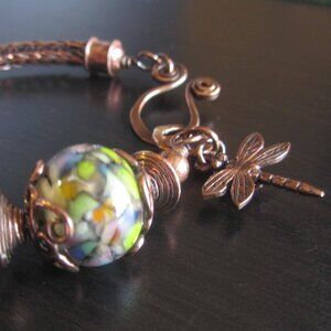 VIKING WEAVE BRACELET - Copper with Lampwork Bead - Dragonfly Charm - Handmade